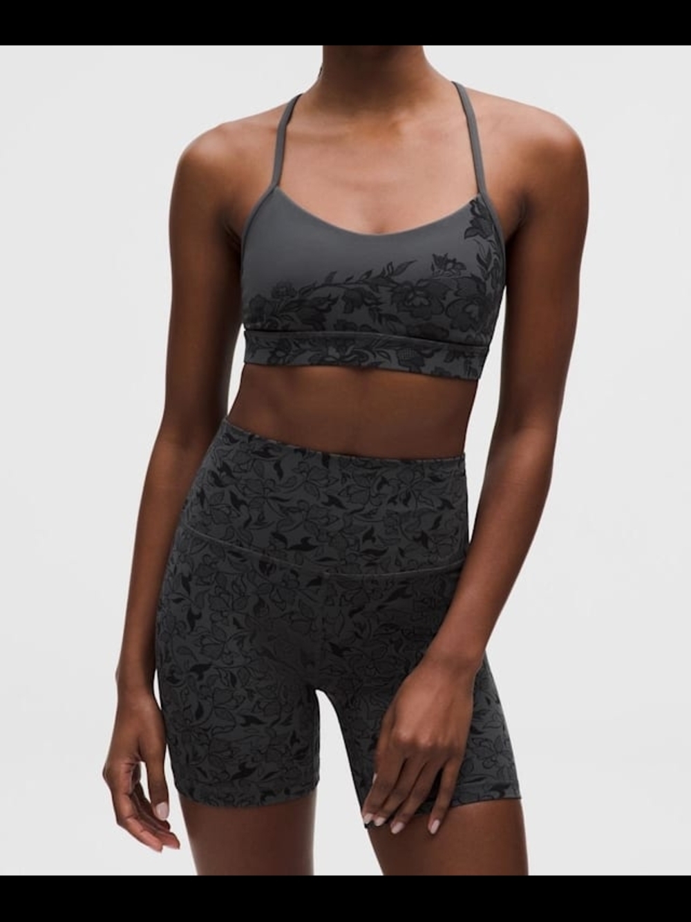 Dark Charcoal Floral-Print Sports Bralette & Bike Short Set